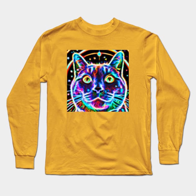 Neon Cosmic Synth Cat Long Sleeve T-Shirt by Star Scrunch